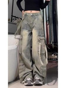 American Street Parka Multi-Pocket Denim Mens Spring and Autumn New Design Sense High Street Loose Wide-Leg Pants