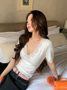 CHOEFULYN | White Lace V-Neck Knitted Short Sleeve T-Shirt Summer Slim Fit