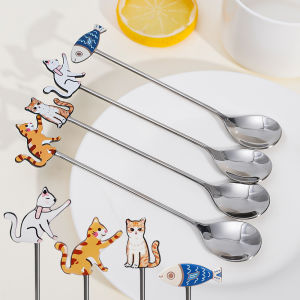 ทัพพีตักอาหารกันลื่นสำหรับช้อนมือจับยาวแมว304สแตนเลสสตีลลายการ์ตูนทัพพีตักของหวานสำหรับอุปกรณ์ทำครัวกาแฟซุปผลไม้