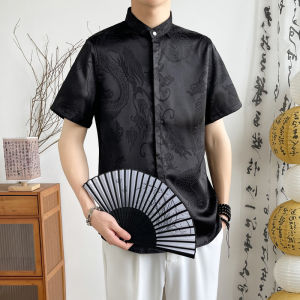Chinese Style Print Short Sleeve Shirt Men Summer Ice Silk Half Sleeve Mens Coat Teenagers Loose Casual Underwear