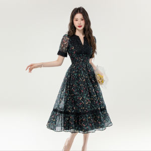 Impression Fashion Women French Lace Floral V-neck Short Sleeve Cinched High Waist A-line Flounce Swing Long Dress