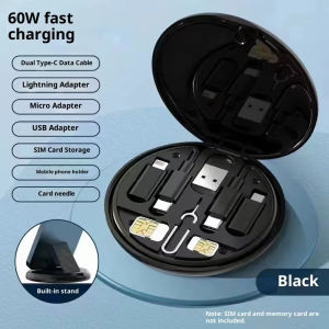 60W 6-in-1 Fast Charging Cable USB-C/Type-C to USB/Lightning Portable Data Cord Storage Box for iPhone Samsung Huawei Xiaomi