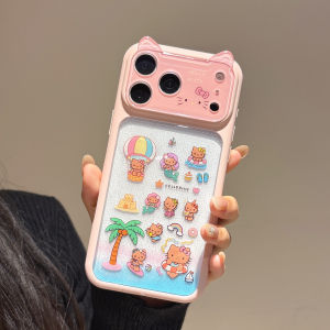 Sanrio | Cute 3D Cat Ears Beach Hello Kittty Lens Protection Phone Case For iPhone 17 Pro Max 16 15 Pro Max Shockproof Hard Acrylic Cover