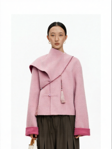 Wool Pink Scarf Collar Chinese Style Short Jacket