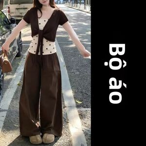 AICAILIN | Bộ Áo Blazer Không Tay In Chấm Bi và Len