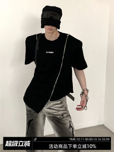 Metallic Zipper Shoulder Pad Short Sleeve T-Shirt Men Summer Punk Style Casual Loose Fit round Neck Brand Logo Print Tee