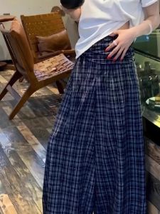 Quần Ống Rộng Kẻ Caro Cạp Cao Mùa Hè Cho Nữ Thiết Kế Quấn Eo Đa Năng Dài Đến Sàn Quần Ống Đứng Quần Thường Ngày
