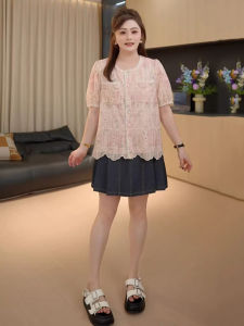 Áo Sơ Mi Ren Thêu Tay Ngắn Rộng Rãi Mùa Hè Cho Nữ Cỡ Lớn Áo Thun Cotton Cổ Tròn Màu Trơn Phong Cách Công Sở