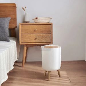 Nordic Minimalist White & Wood Large Capacity Living Room Bedroom Press Aesthetic Trash Can