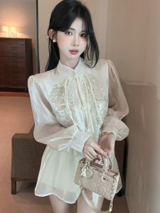 GUZILIAN | New Chinese Style Small Shirt Womens Cheongsam Design Sensation Trendy Autumn Hot Girl Top Fashionable Korean Version Commute Style