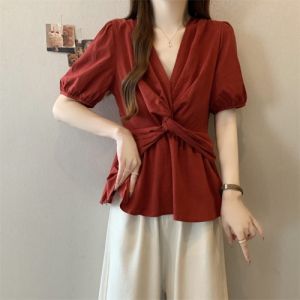 Shalldoer | Áo sơ mi nữ cổ chữ V nơ xếp ly ren thắt eo thời trang mùa hè mới về dáng rộng thường ngày chất liệu khác tay ngắn màu trơn