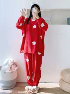 Red Rabbit Cotton Fleece round Neck Sleepwear Womens plus Size Winter Home Clothes Set Comfortable Long Sleeve V-neck Pajamas