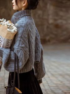 Chic Turtleneck Short Sweater for Women in Ash Gray High Neck Casual Loose Style with Long Sleeves for Fall and Winter