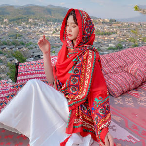 Red National Style Summer Travel Photography Scarf Large Shawl Desert Warmth Womens Fashion Tassel Edge Multifunctional Silk Scarf