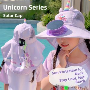 Unicorn Solar Fan Hat Childrens Outdoor Sunscreen Cap Large Brim Summer Neck Protection Hat Girls Cartoon Style Fan Hat