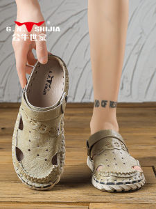 Bull Family T-Strap Sandals Mens Summer Outdoor Wear Genuine Leather Dad Slippers Anti-Slip Driving Sports Beach Leather Slip-On