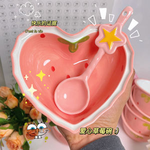 Cute Strawberry Bowl Spoon Creamy Fufu Girls Heart-Shaped Bowl Dessert Ceramic Bowl Home Dining Utensils Popular Ins Style Props