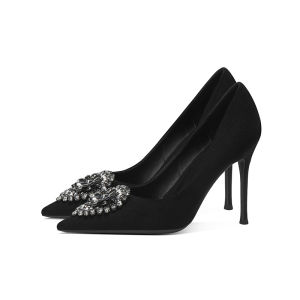 รองเท้าส้นสูงหัวแหลมสีดำสไตล์ฝรั่งเศสสำหรับผู้หญิง หัวเข็มขัดสี่เหลี่ยม รองเท้าส้นเดี่ยว รองเท้าแฟชั่น รองเท้าหนังนิ่ม รองเท้าสวมสบาย