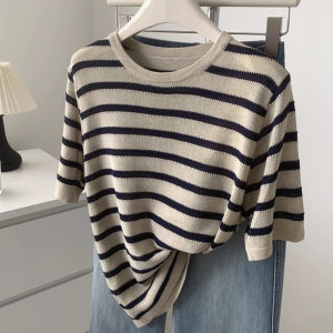 WANGGONGZHU | Summer New Loose Womens Knitted Ice Silk T-Shirt Round Neck Striped Color Block Casual Korean Style Base Shirt Cover Belly