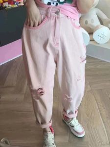 plus Size Harem Jeans Womens Spring Summer Loose High Waist Slim Straight Dad Pants Torn Denim Nine Points Casual Trousers