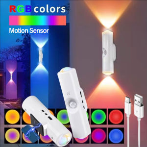 ไฟกลางคืนเซนเซอร์ตรวจจับการเคลื่อนไหว YESPERY RGB เปลี่ยนสีได้ผนังโคมไฟ USB ชาร์จได้แม่เหล็กพระอาทิตย์ตกห้องนั่งเล่นหลอดไฟสำหรับห้องนอน