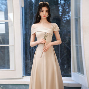 Champagne Color Maids of Honor Gown Satin Long Evening Graduation Dress for Women Simple Elegant Korean Style Floral Embroidery