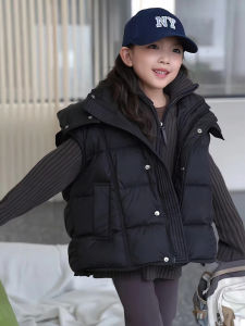 Girls Black down Vest Childrens Outerwear Fashionable Duck down Jacket Korean Style Polyester Fabric Warm Winter Coat