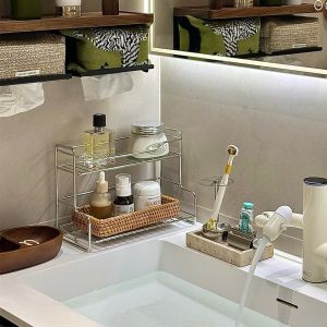 Hệ Thống Lưu Trữ Mặt Bàn Vệ Sinh Phòng Tắm Hai Lớp Không Cần Khoan Giá Để Đồ Mỹ Phẩm Đồ Dùng Vệ Sinh Cá Nhân Bằng Thép Không Gỉ