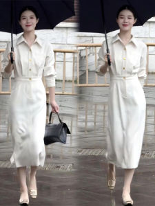 Elegant Commuter Polo Collar Long Dress Simple High Waist Shirt Style Fashionable Tall Womens Autumn New Arrival Dress