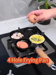 4 Hole Frying Pan Non-Stick Flat Bottomed Pan Cast Iron Kitchen Fried Eggs Mold With Wooden Handle