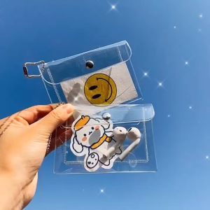 PIYU 🔥 กระเป๋าสตางค์บัตรพีวีซีใสพร้อมโซ่ลูกปัด กระเป๋าสตางค์บัตรใสสไตล์เกาหลี ถุงเก็บของขนาดเล็กแบบ DIY