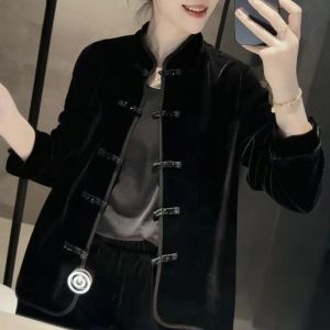 Black Velvet Jacket with Button Design for Women Hong Kong Style Retro Chinese New Fashion Autumn Wear National Trend Tang Costume Open Cardigan Top