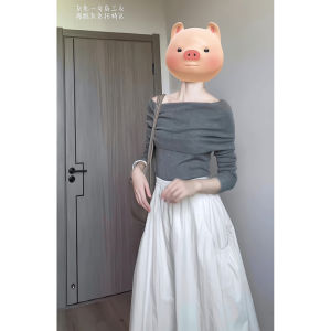 ไหล่เดียวสีเทาฝรั่งเศส แขนกุด ผู้หญิง เสื้อสเวตเตอร์ ฤดูใบไม้ร่วง ฤดูหนาว เสื้อเชิ้ตถักแขนยาว สลิมฟิต เสื้อชั้นใน