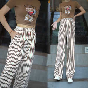 กางเกงขายาวทรงหลวมเอวสูงลายทางสำหรับผู้หญิง กางเกงขายาวทรงตรงลำลอง ทรงหลวม ทรงเข้ารูป ทรงยาวถึงพื้น แฟชั่นฤดูร้อน