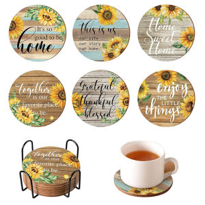 6 Pcs Vintage Sunflower Drink Coasters with Holder Absorbent Wood Drink Coaster Thank You Gifts for Christmas Home Decoration