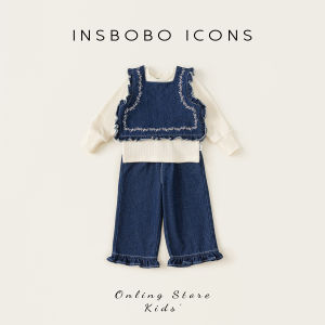 Fashionable INSbobo Girls Denim Three-Piece Set Autumn New Arrival Casual Cotton Blend Comfortable Daily Wear for Kids