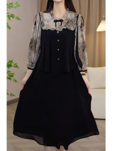 New Chinese Style Autumn Winter Floral Print Dress Womens 2025 New Autumn Fashion Fake Two-Piece Mesh Splicing Button Modified Skirt