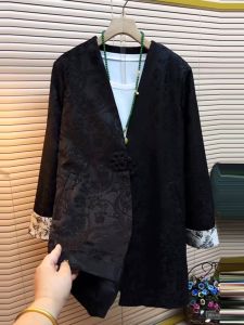 Spring Autumn plus Size Fashion Cardigan Outerwear Elegant Loose Midi Splicing Embroidery Button Slimming Open Front Coat