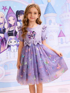 Dreamy Style Kids Princess Dress Purple K-POP Cartoon Print + Colorful Dot Butterfly Sequin Elements