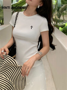 Round Neck Fitted Short Sleeve T-Shirt New Arrival Casual Straight Shoulder Top