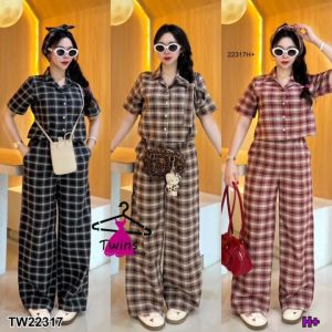 B22317 Set ลายสก็อต 3 ชิ้น เสื้อครอป +กางเกงขายาว +สายผูกโบว์3-piece plaid set: crop top + long pants + bow tie