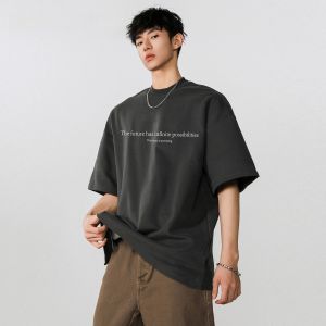 HetingHOME | เสื้อยืดคู่รักแขนสั้นหลวมสไตล์อเมริกันสำหรับฤดูร้อน ผ้าฝ้าย 100% คอกลม เสื้อผ้าทำงานแบบไม่ระบุเพศสำหรับผู้ชายและผู้หญิง