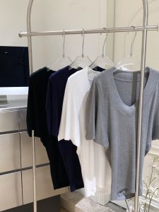 Loose Short Sleeve V-Neck T-Shirt Womens Wool Silk Knitted Base Shirt Batwing Sleeve Cover up Spring 2025 Polyester Fiber