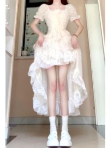 CHANGTONG | French Elegant Fairy Dress Design Unique Beautiful Long Skirt Bubble Sleeve Waist Cinched Short Length A-Line Pure Color Gown