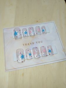 เล็บpvcเจลแท้สีลูกแก้ว เล็บปลอมพร้อมแปะฟรีกาวตะไบ เล็บเจลสีลูกแก้วเงินลายดาว