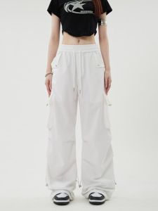 กางเกงทำงานสีขาว กางเกงขายาวทรงหลวมสบาย ๆ สไตล์ฮิปฮอปสไตล์อเมริกัน กางเกงขายาวลำลองสำหรับเต้นแจ๊ส กางเกงขายาวทรงหลวมสำหรับฤดูร้อน