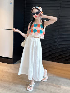 Girls Summer Outfit Set Pure White Halter Top And Skirt Two-Piece Ensemble Trendy Childrens Clothing Noble Feeling Ensemble