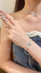 Light Blue Frosted Glass Beaded Bracelets Women Starfish Square Rhinestones Pendant Chain Bracelet Sweet Dainty Ocean Jewelry M