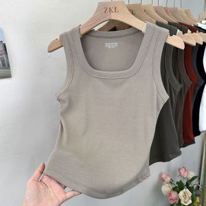 Short Sleeveless Crop Top Womens Elastic Thread Cotton Tank Top Square Collar Slim Fit Summer Inner Wear White Versatile Style