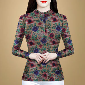 MAIMEI | Thickened Long Sleeve Fleece Womens Base Shirt Floral Print Velvet Inner Wear Mommys Cozy Top Spring Autumn Winter New Style